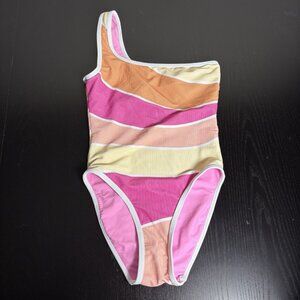 LAINSNOW Womens S One-Piece One-Shoulder Swimsuit Ribbed Stripes Lain Snow